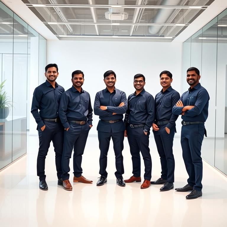 Corporate office staff in navy blue uniforms