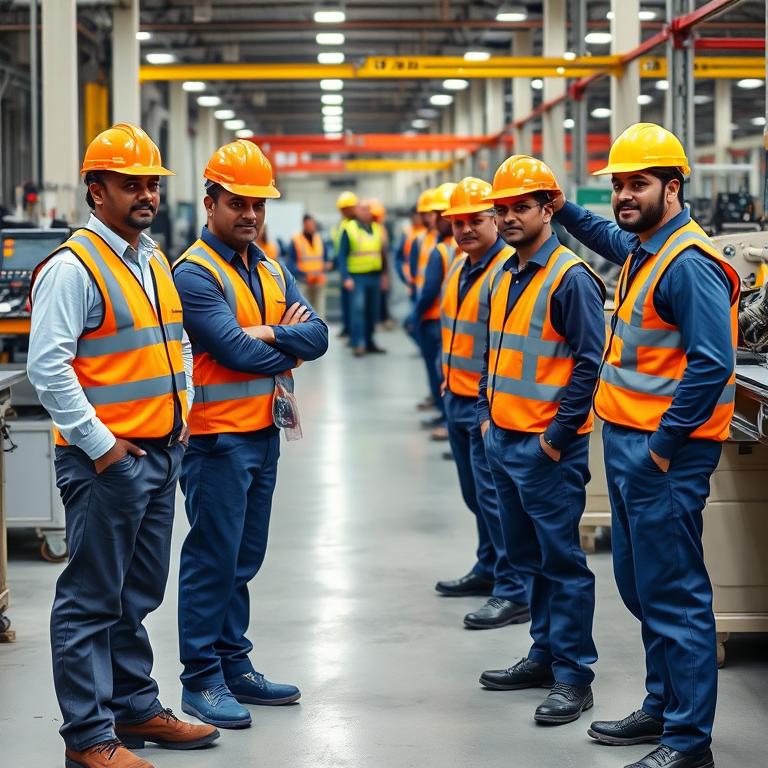 Factory workers in industrial safety coveralls