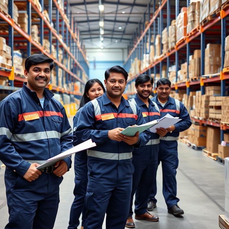 Warehouse workers in high-visibility safety vests
