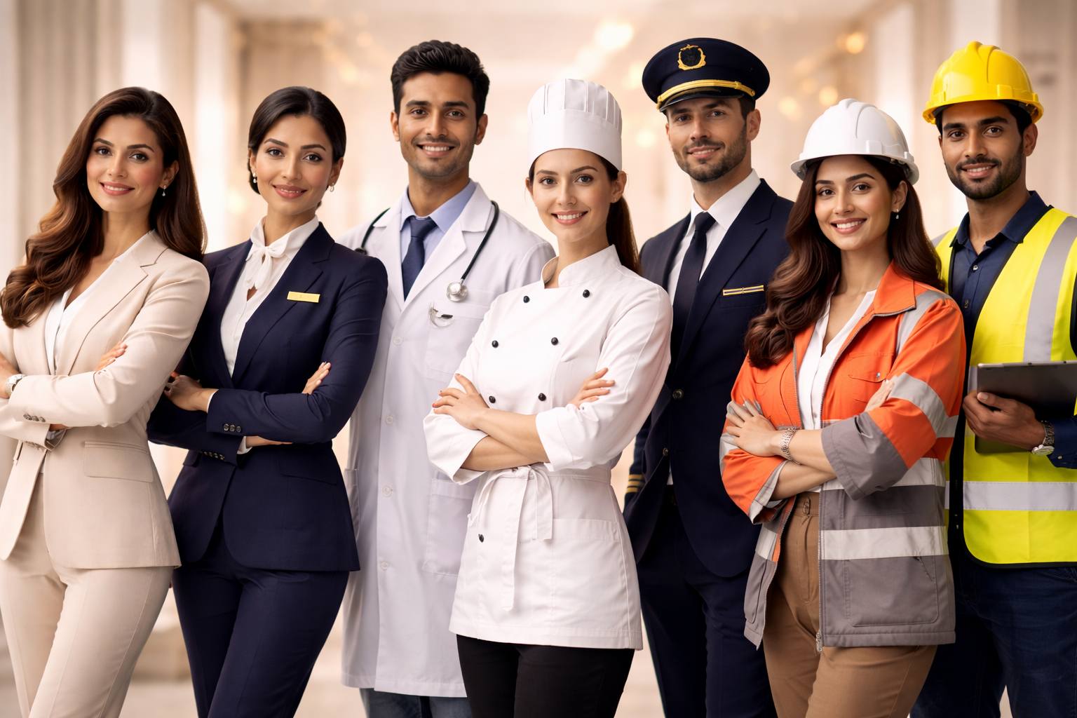 Uniformaly professional corporate team in navy blue uniforms